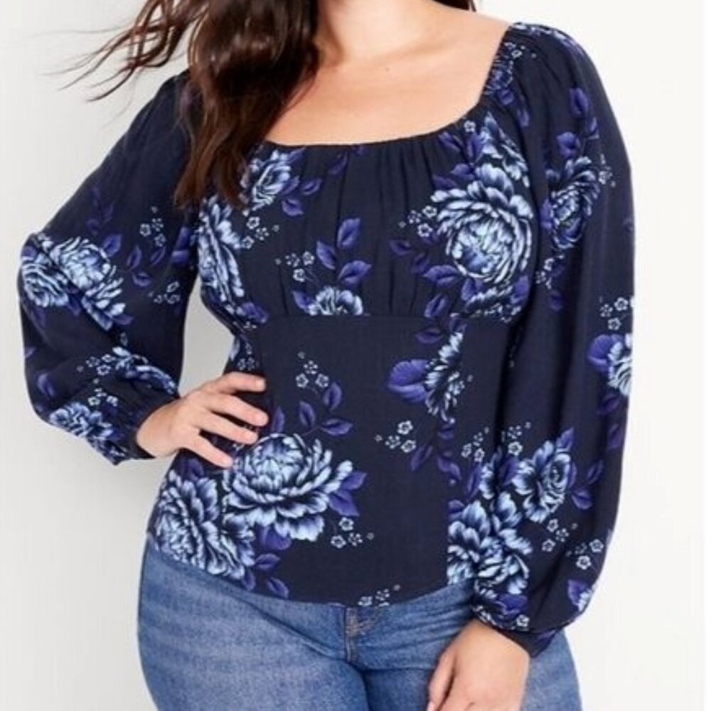 Old Navy Floral Fitted Bodice Smocked Back Blouse Peasant Top Blue Size XL NEW